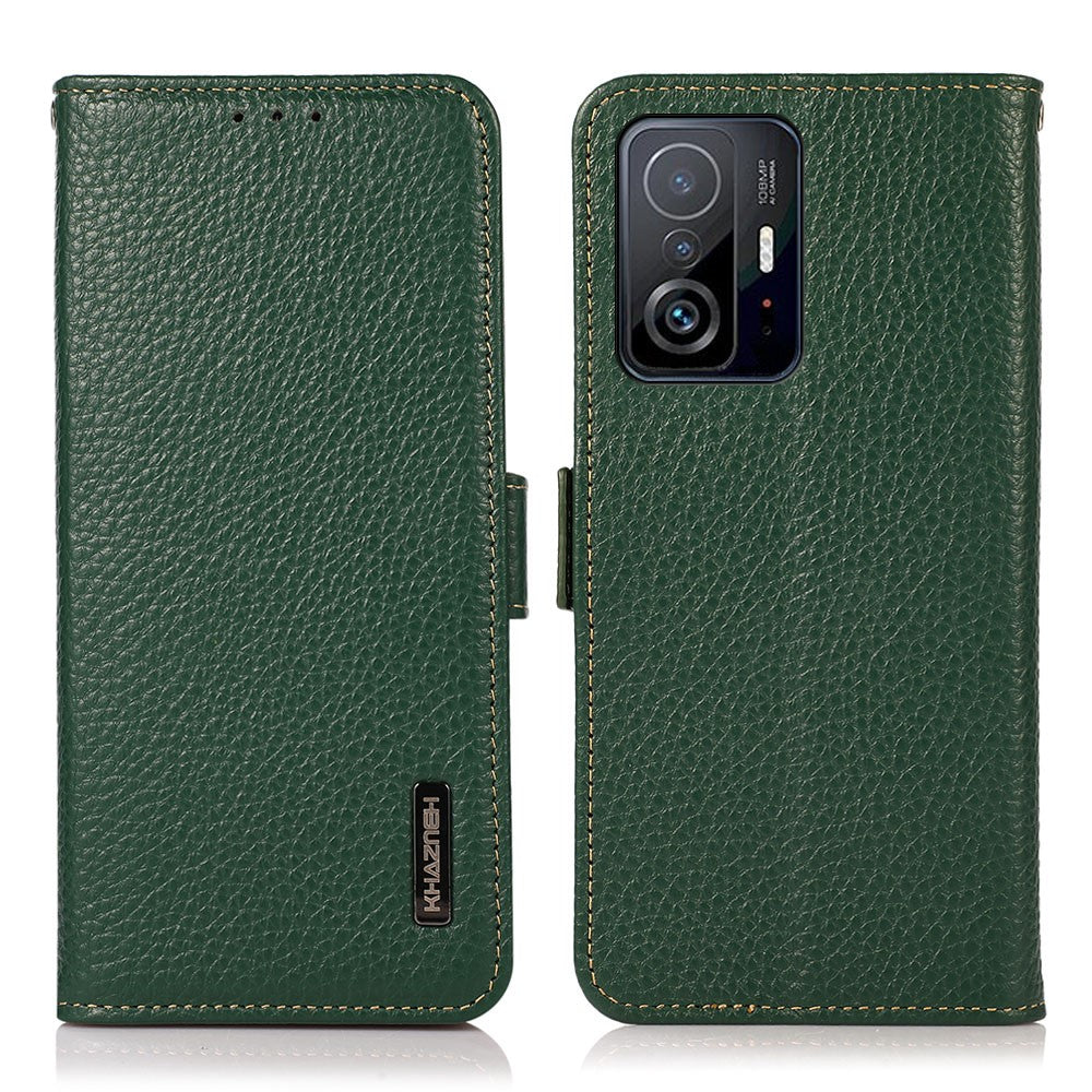 KHAZNEH Litchi Texture Viewer Stand Äkta Läder RFID-blockerande Anti-Stöld Svepbart Flip Folio Plånboksfodral för Xiaomi 11T / 11T Pro