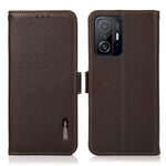 KHAZNEH Litchi Texture Viewer Stand Äkta Läder RFID-blockerande Anti-Stöld Svepbart Flip Folio Plånboksfodral för Xiaomi 11T / 11T Pro