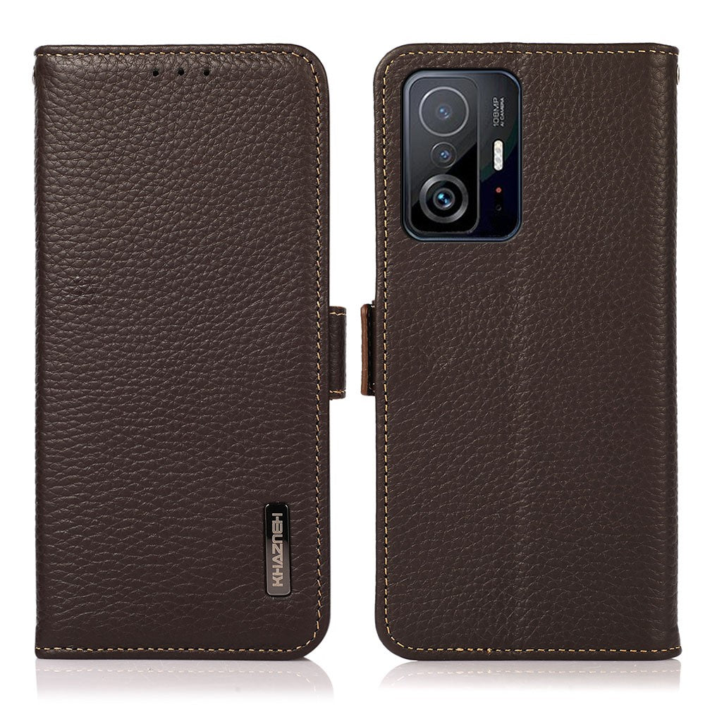 KHAZNEH Litchi Texture Viewer Stand Äkta Läder RFID-blockerande Anti-Stöld Svepbart Flip Folio Plånboksfodral för Xiaomi 11T / 11T Pro