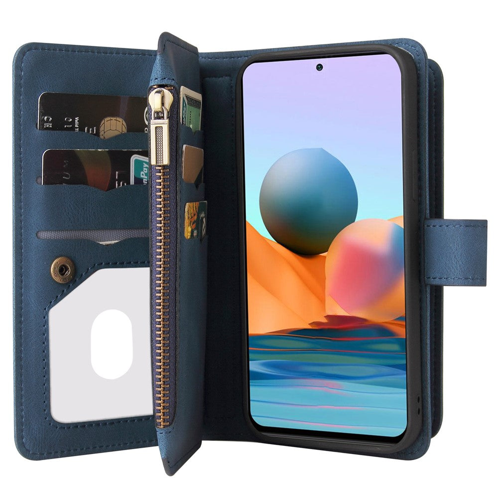 Xiaomi Redmi Note 10 Pro 4G (Global) / (Indien) Plånboksfodral med dragkedja, 15 kortfack och rem i läder för mobil