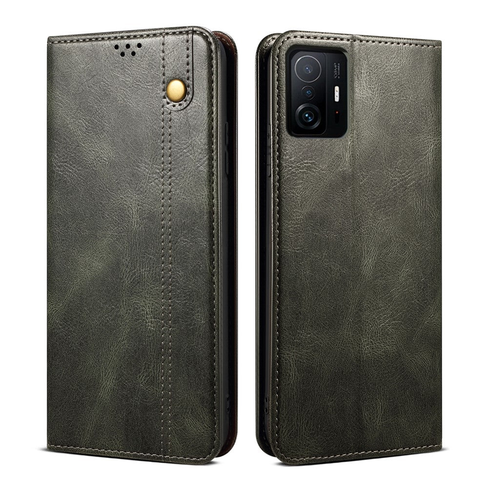 Vaxartad Crazy Horse-textur Välskyddad Snygg Plånboksdesign Magnetiskt Självabsorberande PU-läderfodral för Xiaomi 11T Pro