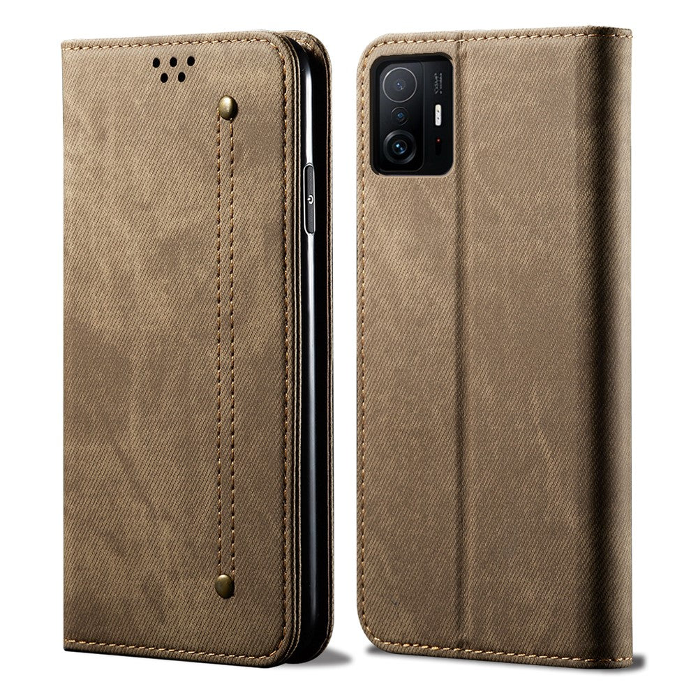 Jeans Cloth Texture Auto-absorbed Full Body Protection Stylish Wallet Design Leather Phone Case with Stand for Xiaomi 11T Pro