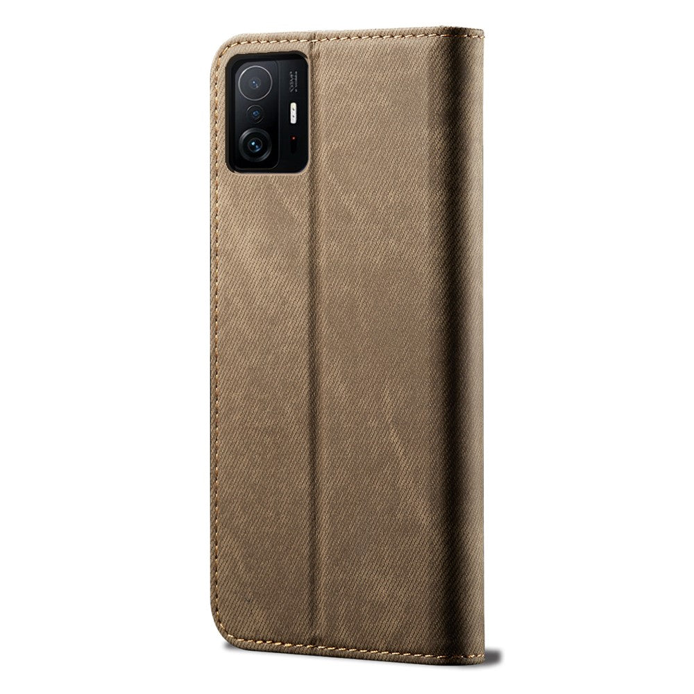 Jeans Cloth Texture Auto-absorbed Full Body Protection Stylish Wallet Design Leather Phone Case with Stand for Xiaomi 11T Pro