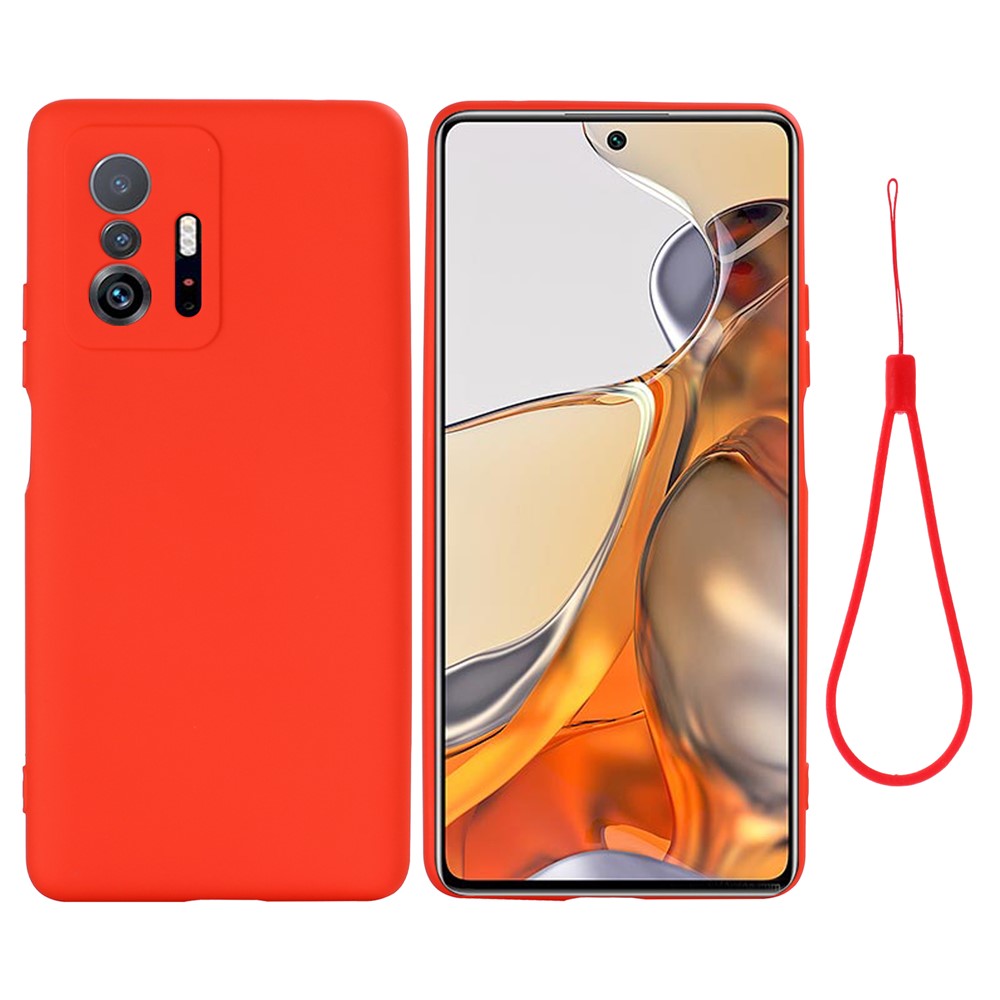 Liquid Silicone Phone Case Shockproof Precise Cutout Solid Color Phone Cover with Handy Strap for Xiaomi 11T / 11T Pro