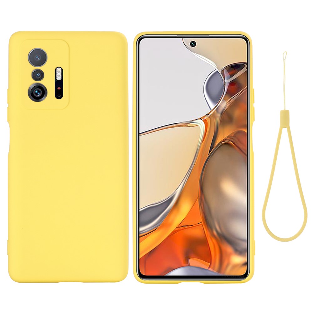 Liquid Silicone Phone Case Shockproof Precise Cutout Solid Color Phone Cover with Handy Strap for Xiaomi 11T / 11T Pro