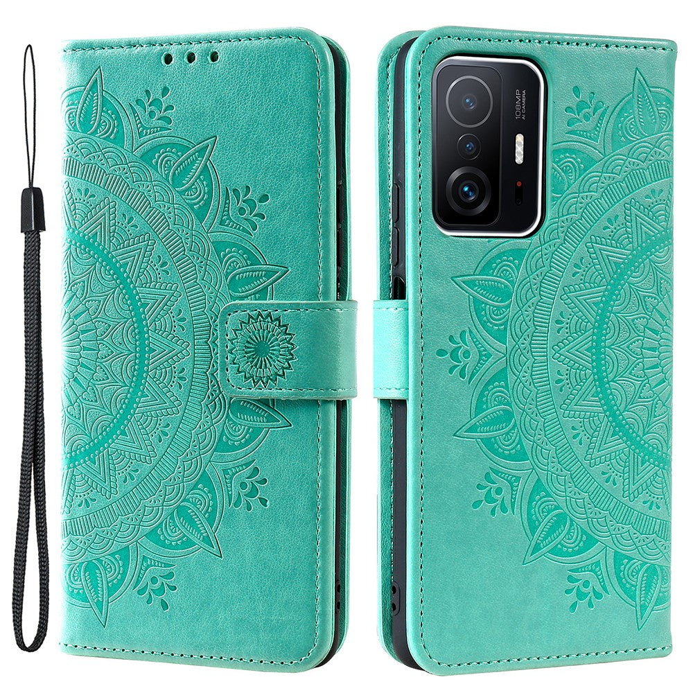 Imprinted Mandala Flower Wallet Stand Leather Cover Phone Case with Wrist Strap for Xiaomi 11T / 11T Pro