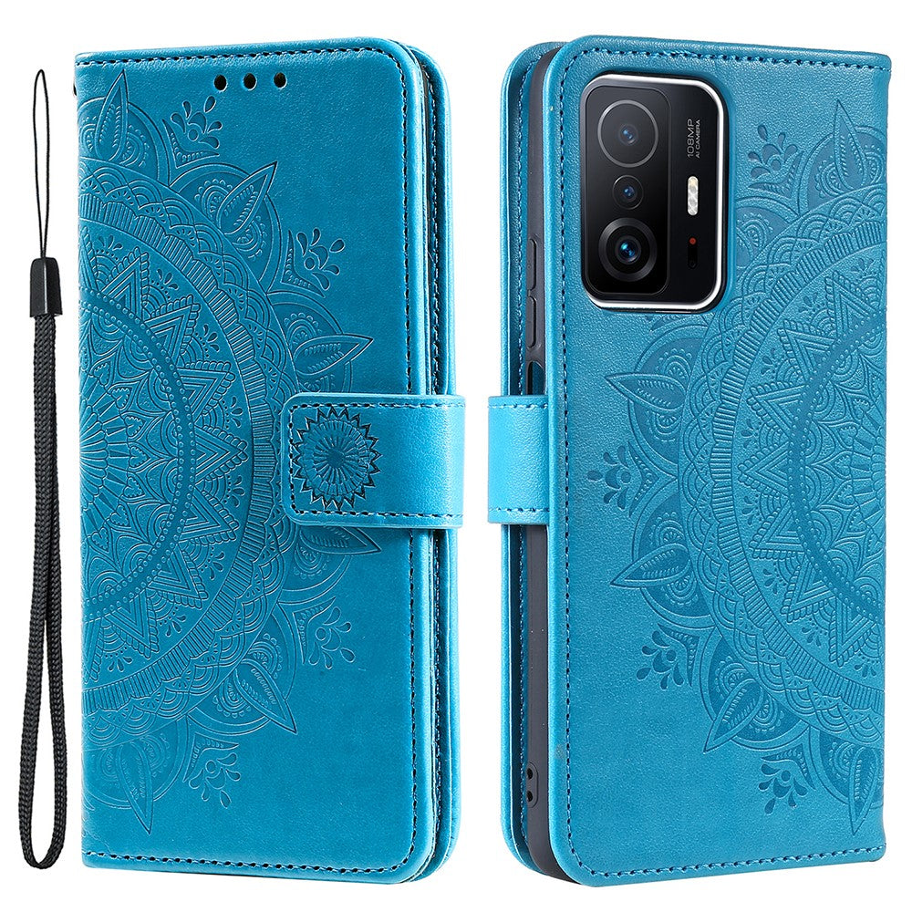 Imprinted Mandala Flower Wallet Stand Leather Cover Phone Case with Wrist Strap for Xiaomi 11T / 11T Pro