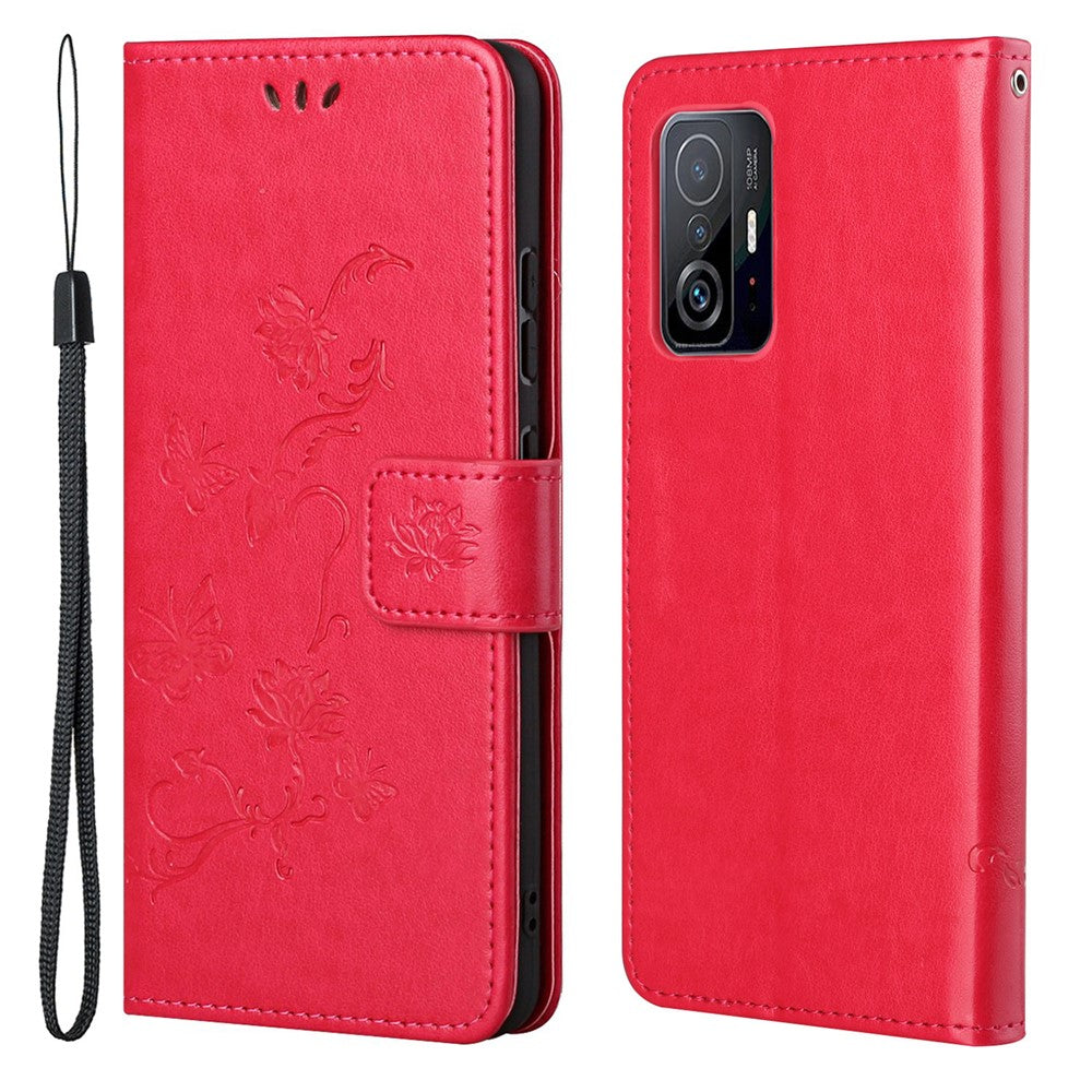 Butterfly and Flower Imprinting Leather Cover Phone Standing Wallet Shell with Hand Strap for Xiaomi 11T / 11T Pro