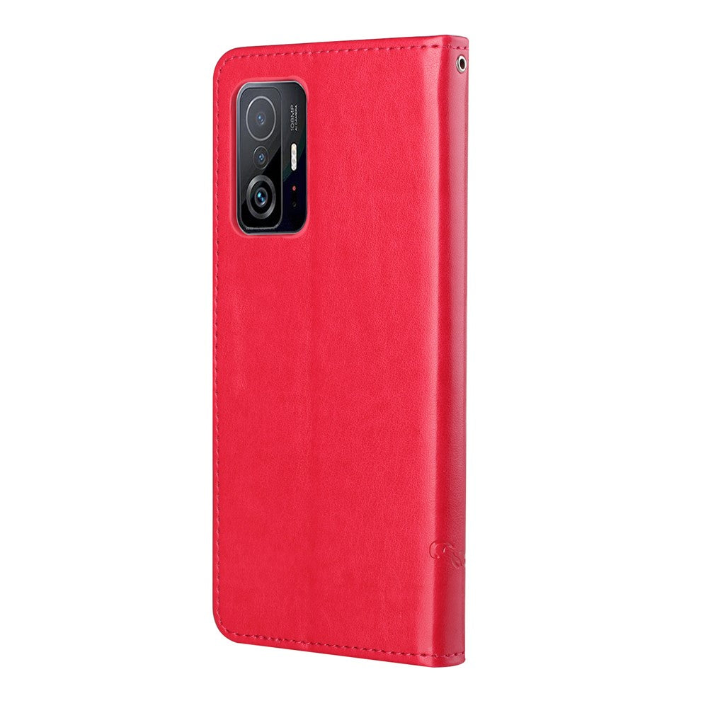 Butterfly and Flower Imprinting Leather Cover Phone Standing Wallet Shell with Hand Strap for Xiaomi 11T / 11T Pro