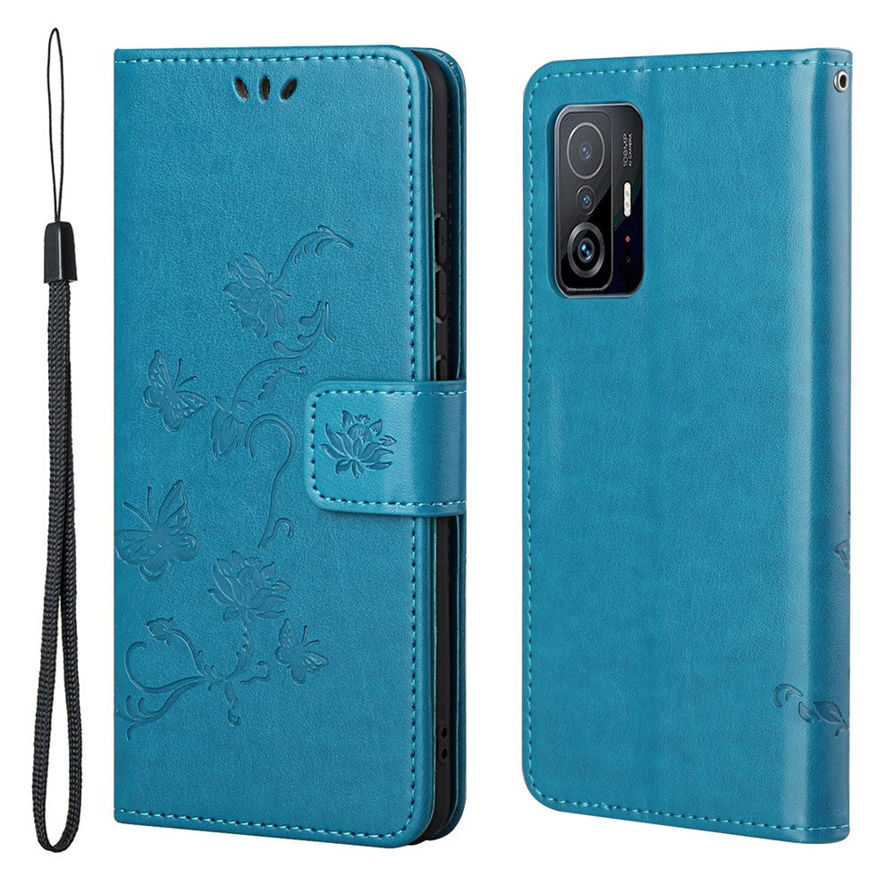 Läderfodral med fjärils- och blommönster, stående plånboksfodral med handrem för Xiaomi 11T / 11T Pro