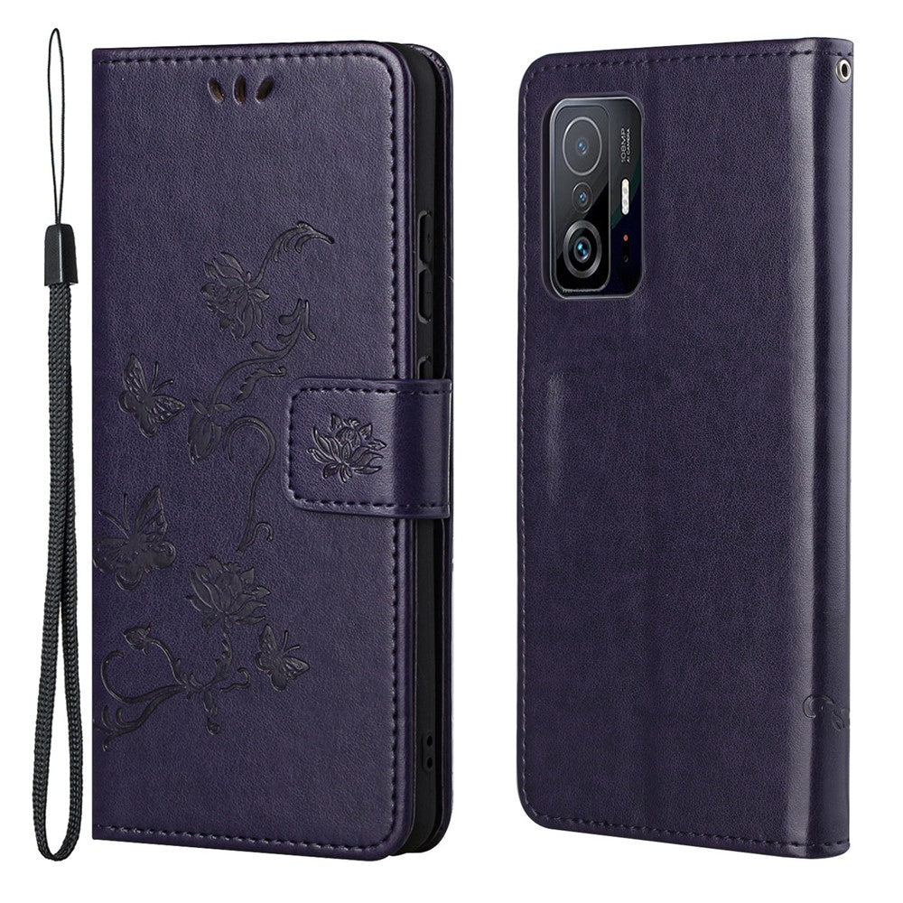Läderfodral med fjärils- och blommönster, stående plånboksfodral med handrem för Xiaomi 11T / 11T Pro