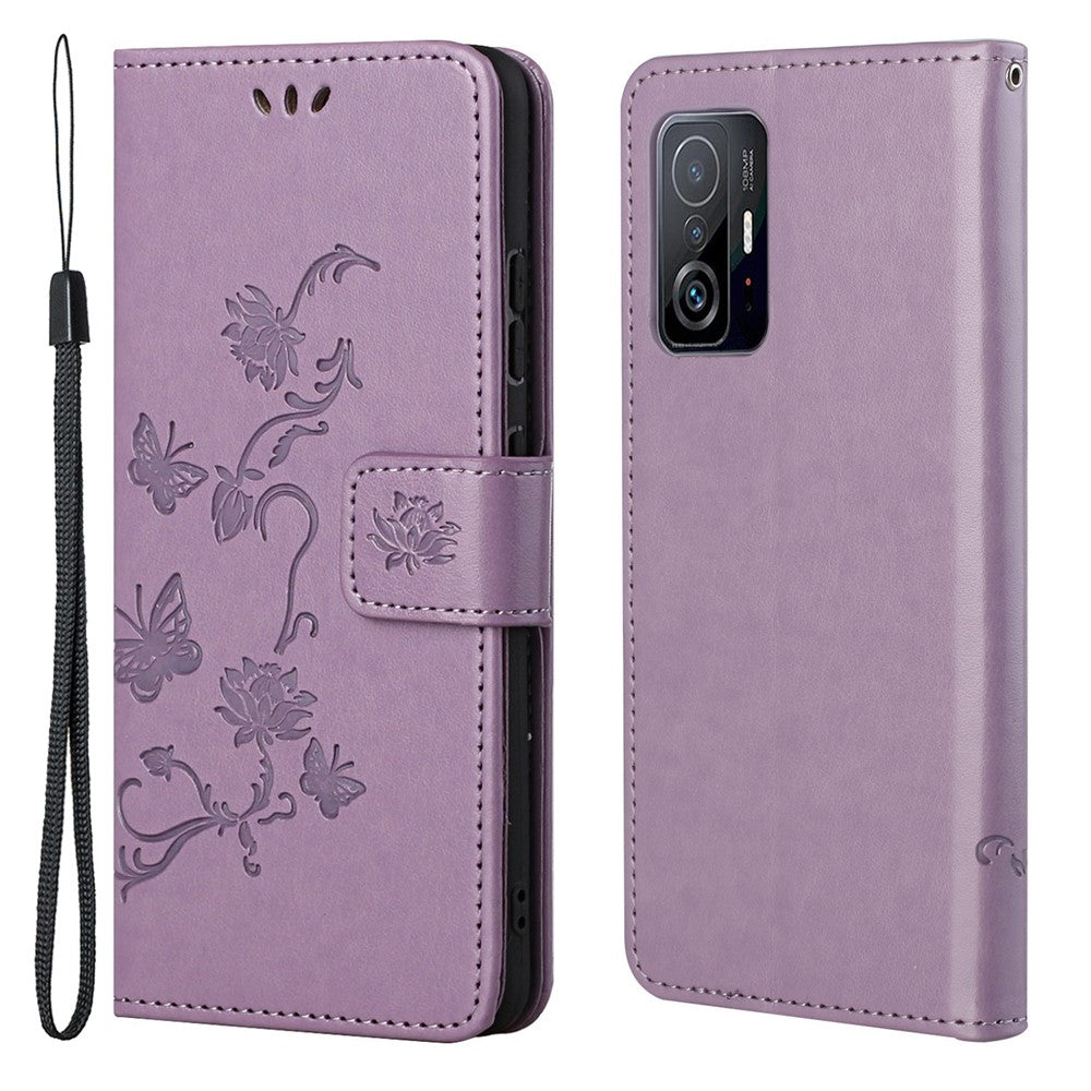 Läderfodral med fjärils- och blommönster, stående plånboksfodral med handrem för Xiaomi 11T / 11T Pro