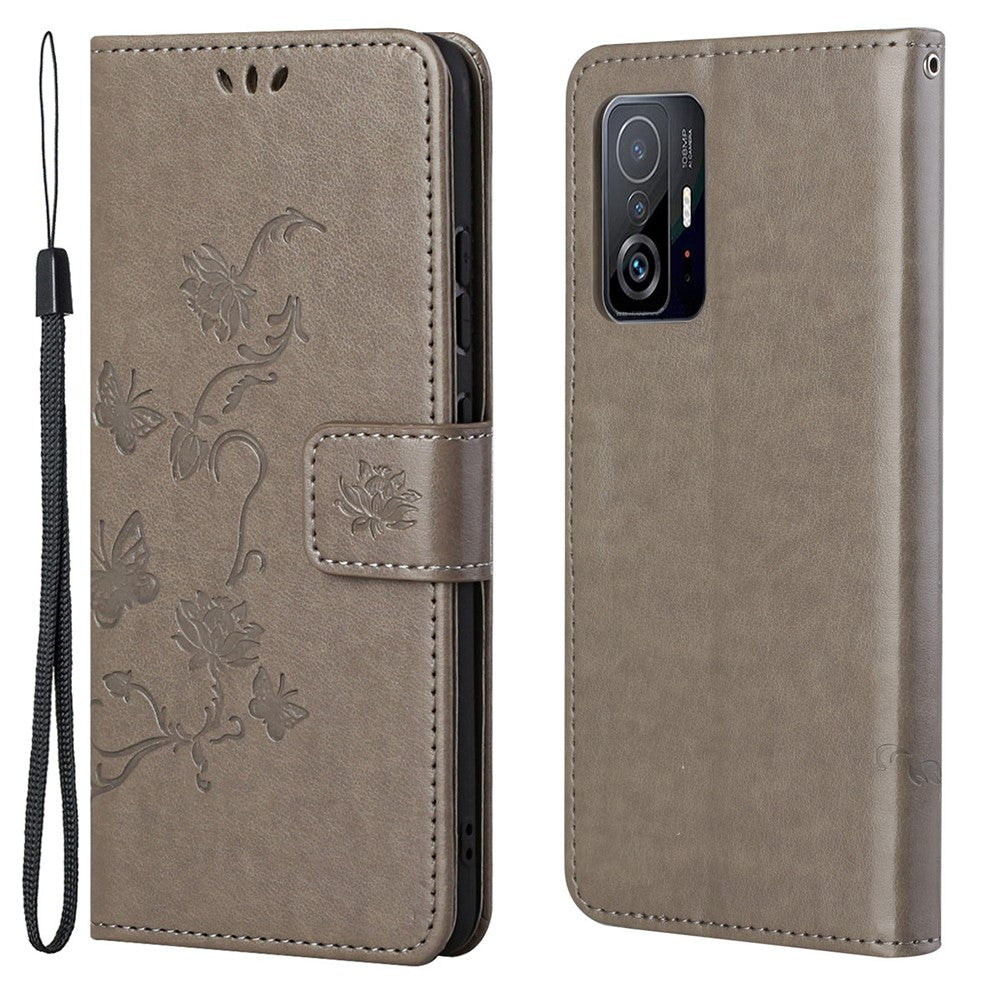 Läderfodral med fjärils- och blommönster, stående plånboksfodral med handrem för Xiaomi 11T / 11T Pro