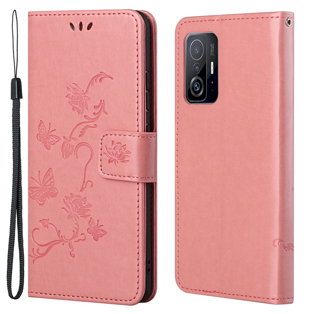 Läderfodral med fjärils- och blommönster, stående plånboksfodral med handrem för Xiaomi 11T / 11T Pro