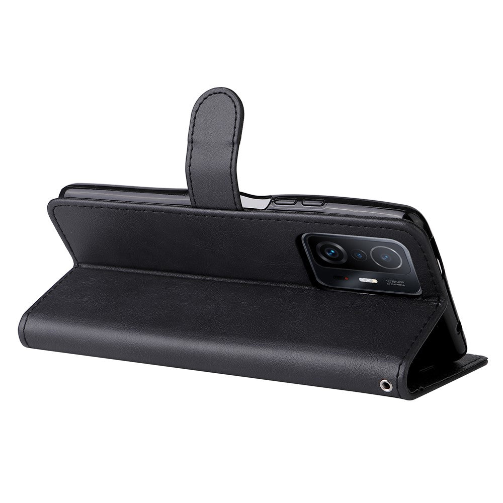For Xiaomi 11T / 11T Pro Case Solid Color Leather Mobile Cover Wallet Stand with Strap