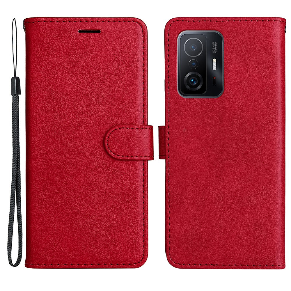 For Xiaomi 11T / 11T Pro Case Solid Color Leather Mobile Cover Wallet Stand with Strap