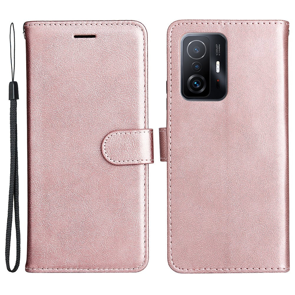 For Xiaomi 11T / 11T Pro Case Solid Color Leather Mobile Cover Wallet Stand with Strap