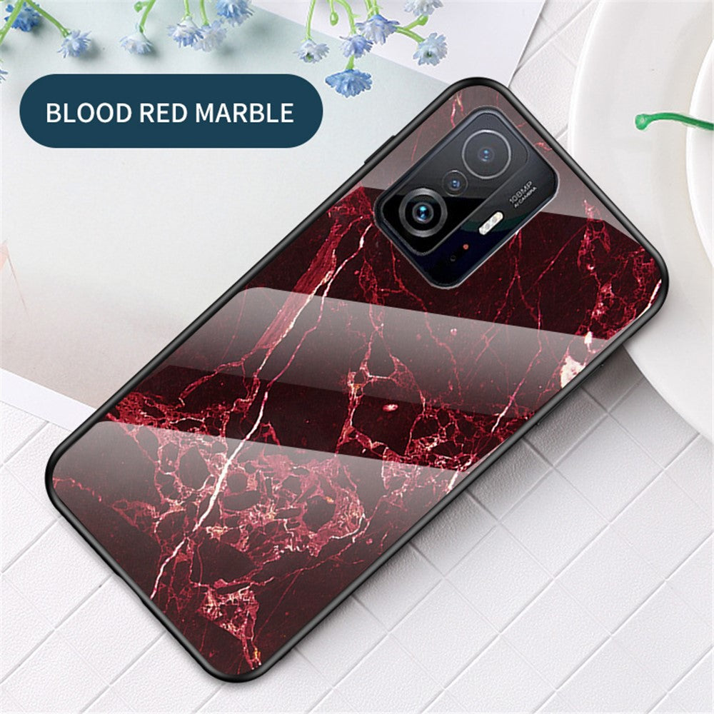 Marmormönster Lätt Tunn Anti-Fingeravtrycksfri Mjuk TPU Ram PC och Härdat Glas Bakskal för Xiaomi 11T/11T Pro