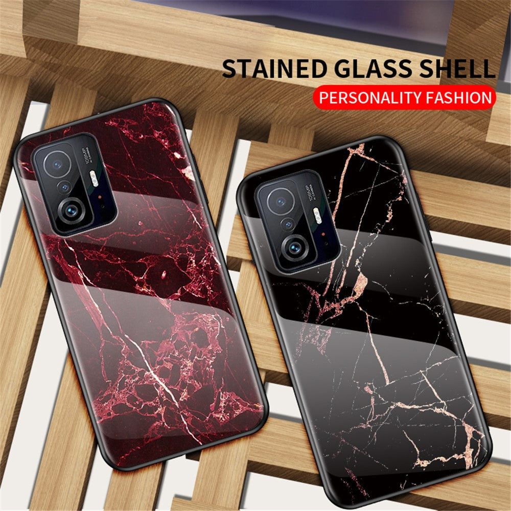 Marmormönster Lätt Tunn Anti-Fingeravtrycksfri Mjuk TPU Ram PC och Härdat Glas Bakskal för Xiaomi 11T/11T Pro
