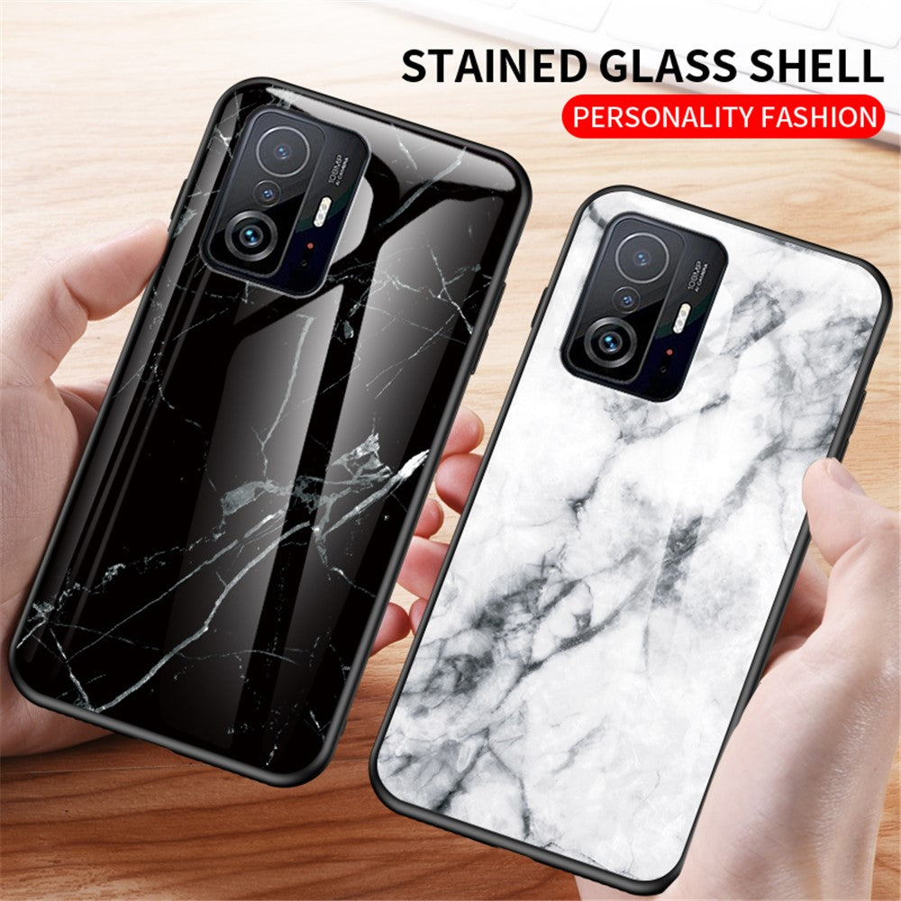 Marmormönster Lätt Tunn Anti-Fingeravtrycksfri Mjuk TPU Ram PC och Härdat Glas Bakskal för Xiaomi 11T/11T Pro
