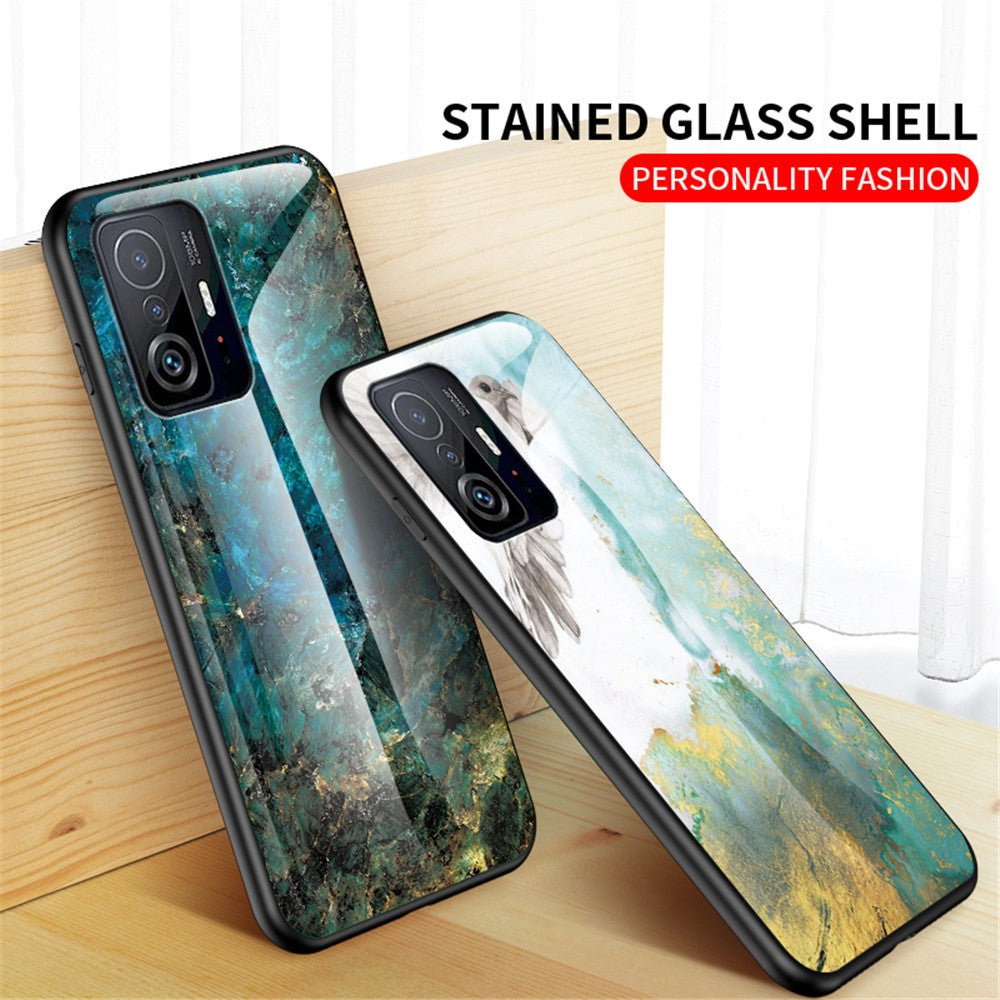 Marmormönster Lätt Tunn Anti-Fingeravtrycksfri Mjuk TPU Ram PC och Härdat Glas Bakskal för Xiaomi 11T/11T Pro