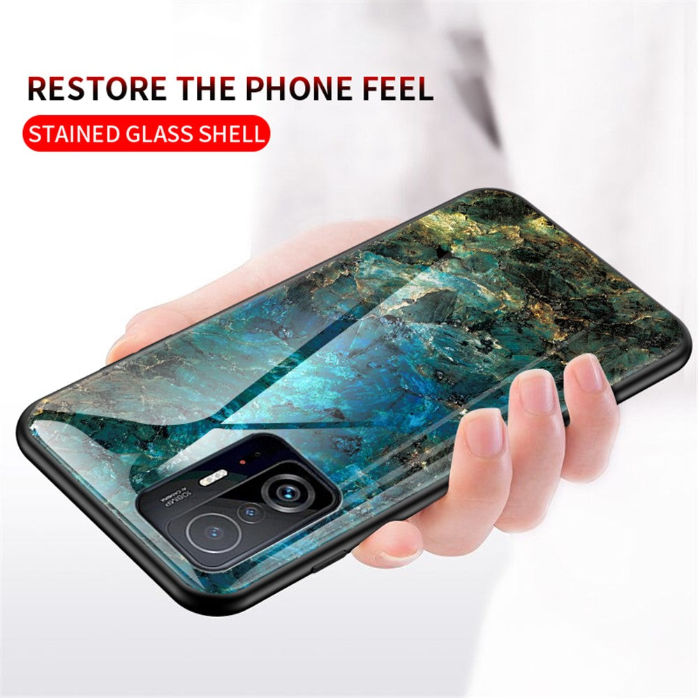 Marmormönster Lätt Tunn Anti-Fingeravtrycksfri Mjuk TPU Ram PC och Härdat Glas Bakskal för Xiaomi 11T/11T Pro