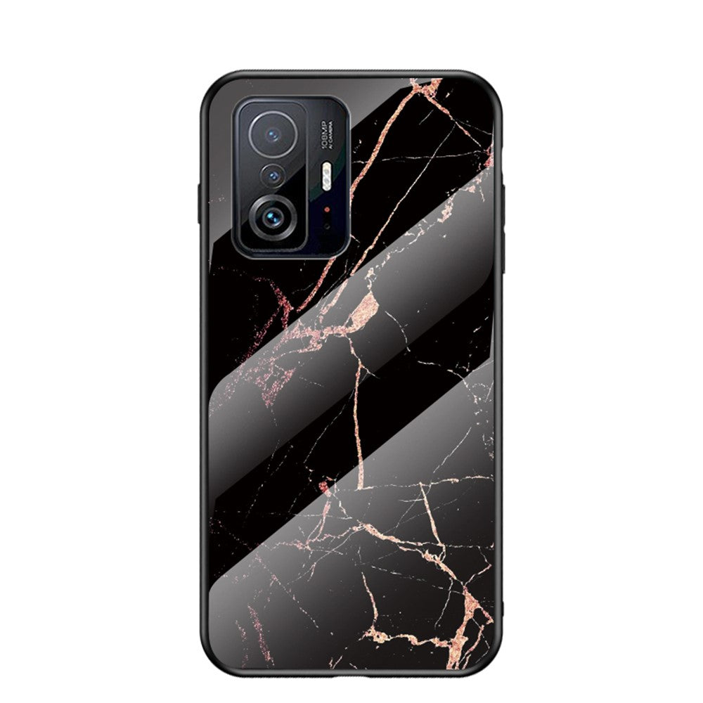 Marmormönster Lätt Tunn Anti-Fingeravtrycksfri Mjuk TPU Ram PC och Härdat Glas Bakskal för Xiaomi 11T/11T Pro