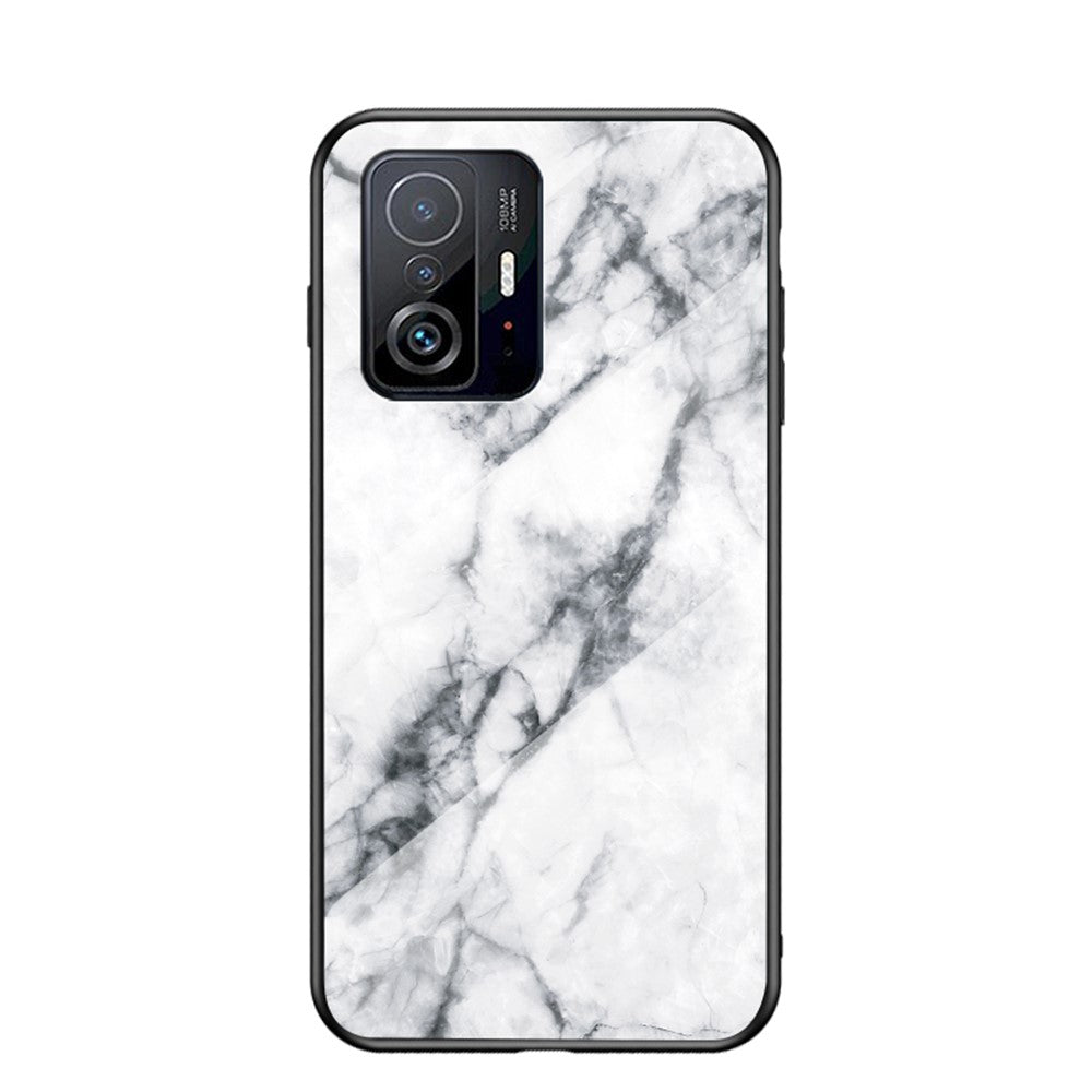Marmormönster Lätt Tunn Anti-Fingeravtrycksfri Mjuk TPU Ram PC och Härdat Glas Bakskal för Xiaomi 11T/11T Pro