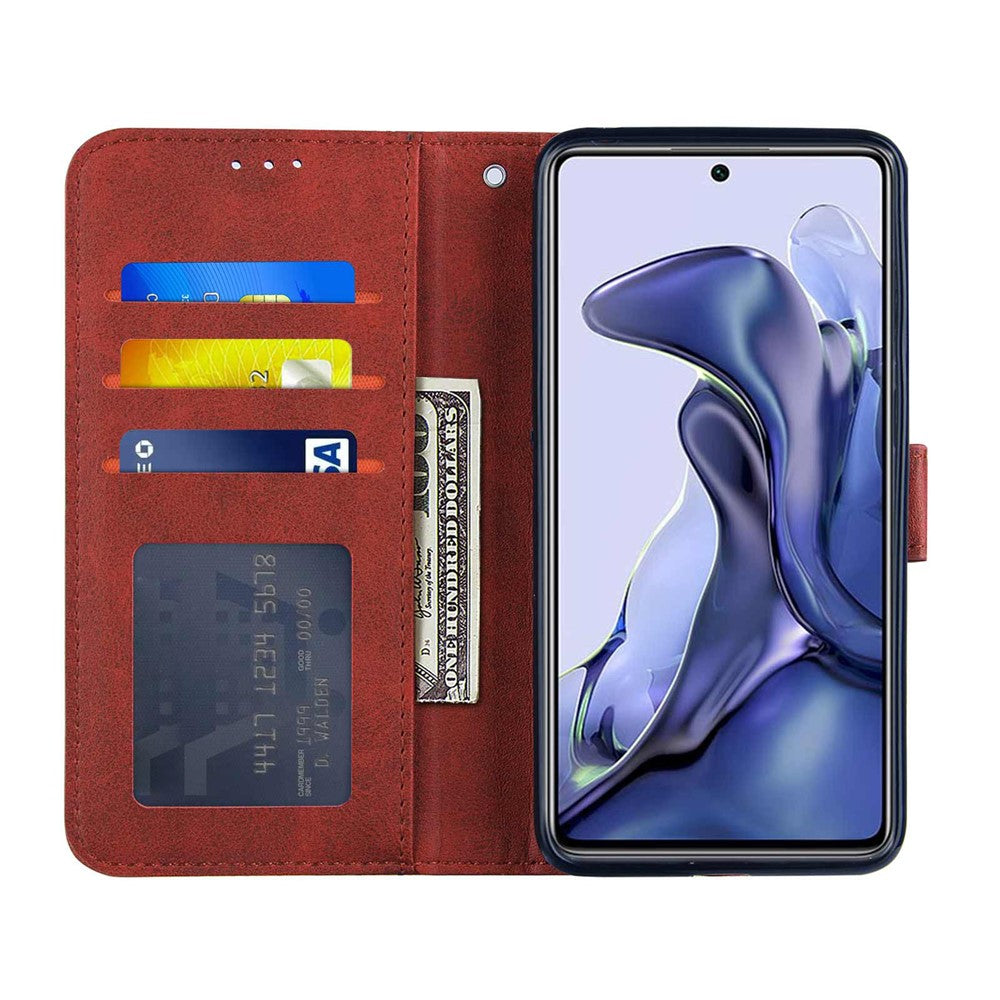 Imprinting Lines Stand Feature PU Leather Wallet Flip Protective Phone Case with Wrist Strap for Xiaomi 11T / 11T Pro