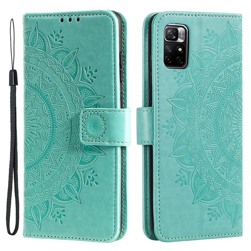 Imprinted Mandala Flower Wrist Strap Anti-shock Wallet Leather Phone Case Shell with Stand for Xiaomi Redmi Note 11 5G (China) (MediaTek)/Note 11S 5G/Note 11T 5G