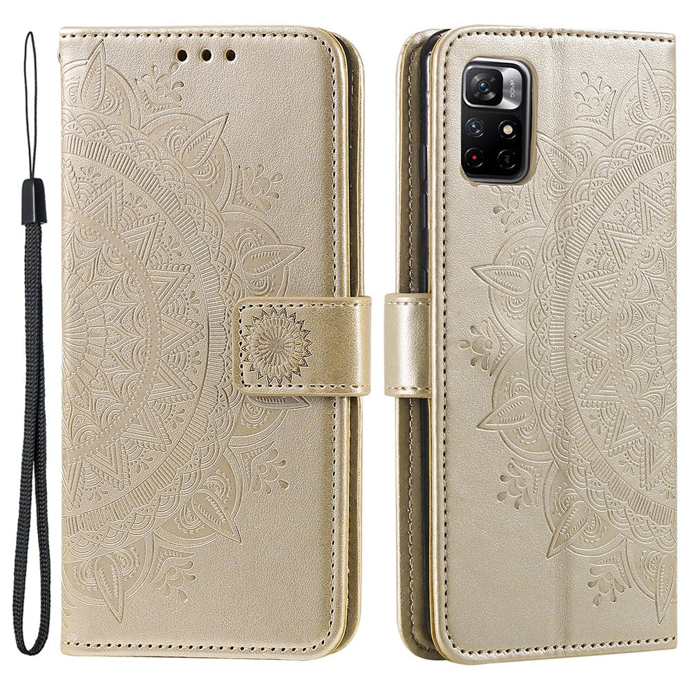 Imprinted Mandala Flower Wrist Strap Anti-shock Wallet Leather Phone Case Shell with Stand for Xiaomi Redmi Note 11 5G (China) (MediaTek)/Note 11S 5G/Note 11T 5G