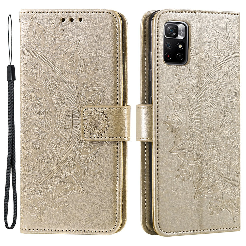Imprinted Mandala Flower Wallet Leather Phone Case Anti-scratch Stand Shell with Strap for Xiaomi Redmi Note 11 Pro 5G (China) (MediaTek) / Note 11 Pro+ 5G