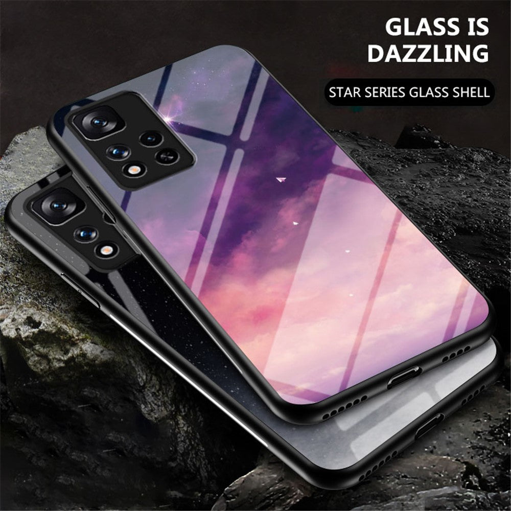 Starry Sky Pattern Design Tempered Glass Back Soft TPU Shock Absorption Protective Case for Xiaomi Redmi Note 11 Pro 5G (China) (MediaTek)/Note 11 Pro+ 5G
