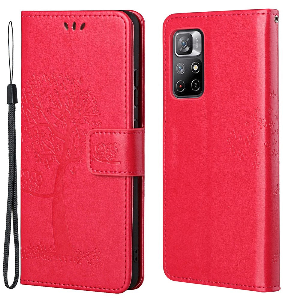 Folio Flip Owl Tree Imprint Well-Protected Anti-Drop Stylish Leather Wallet Phone Case Shell with Stand for Xiaomi Redmi Note 11 5G (China) (MediaTek)/Redmi Note 11T 5G/Redmi Note 11S 5G