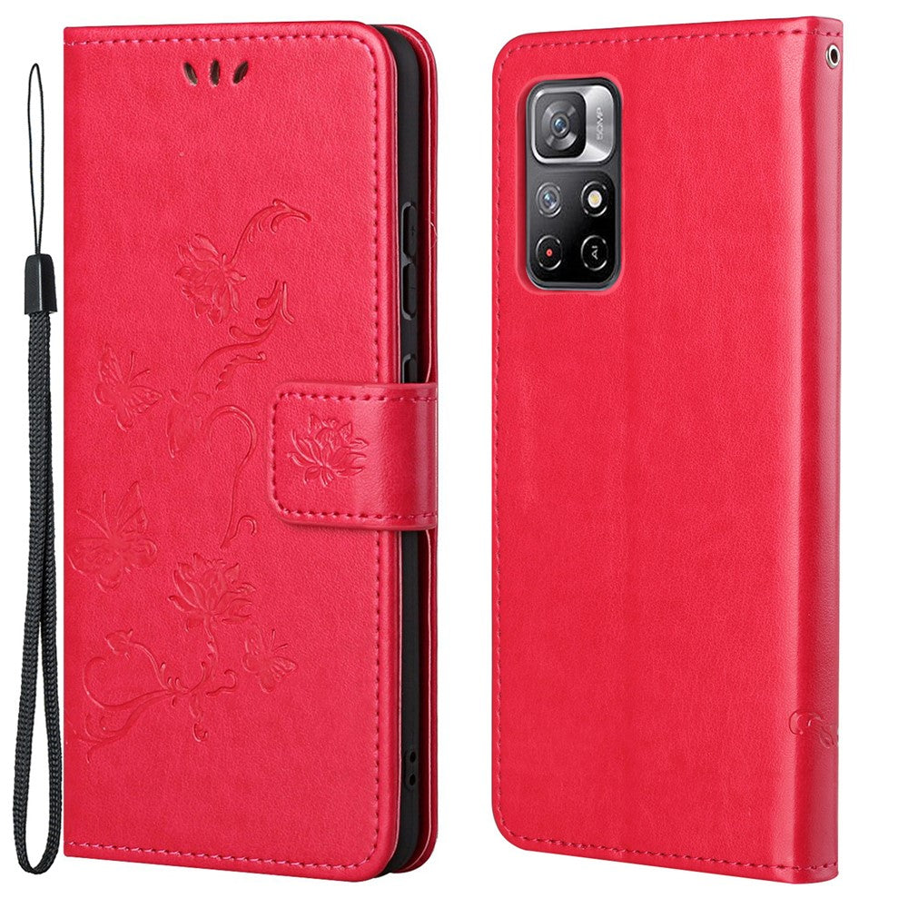 Wallet Function Phone Case Imprinted Butterflies Flower Anti-fall PU Leather Protective Phone Stand Shell for Xiaomi Redmi Note 11 5G (China) (MediaTek)/Redmi Note 11T 5G/Redmi Note 11S 5G
