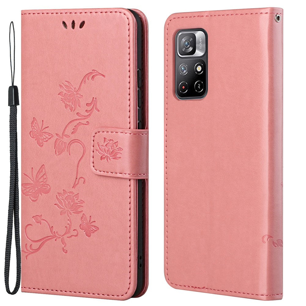 Plånboksfodral med tryck av fjärilar och blommor, fallskyddande PU-läder och skyddande mobilställ för Xiaomi Redmi Note 11 5G (Kina) (MediaTek)/Redmi Note 11T 5G/Redmi Note 11S 5G