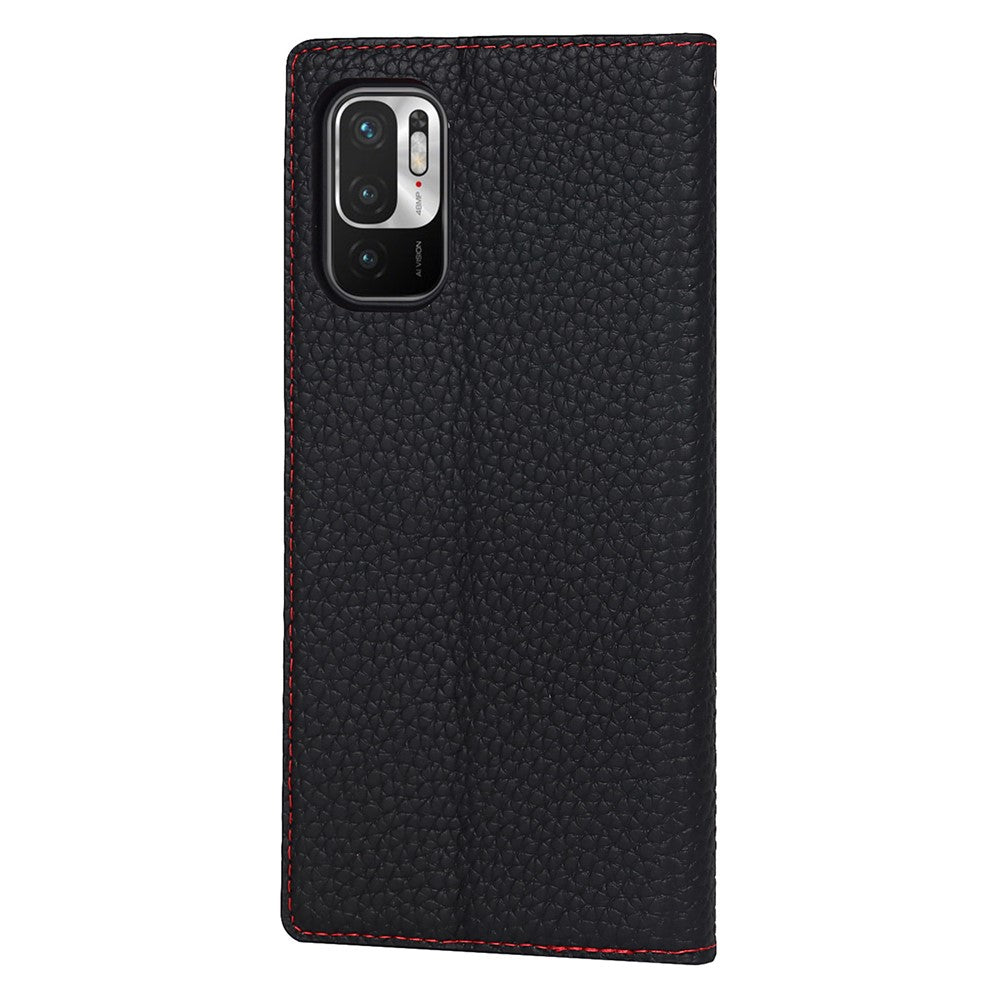 Litchi Skin Genuine Leather Phone Cover Anti-fall Stand Design Phone Case with Wrist Strap for Xiaomi Redmi Note 10 JE