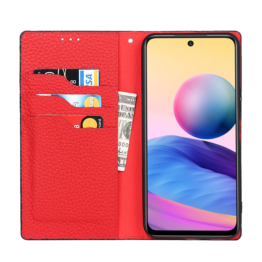 Litchi Skin Genuine Leather Phone Cover Anti-fall Stand Design Phone Case with Wrist Strap for Xiaomi Redmi Note 10 JE