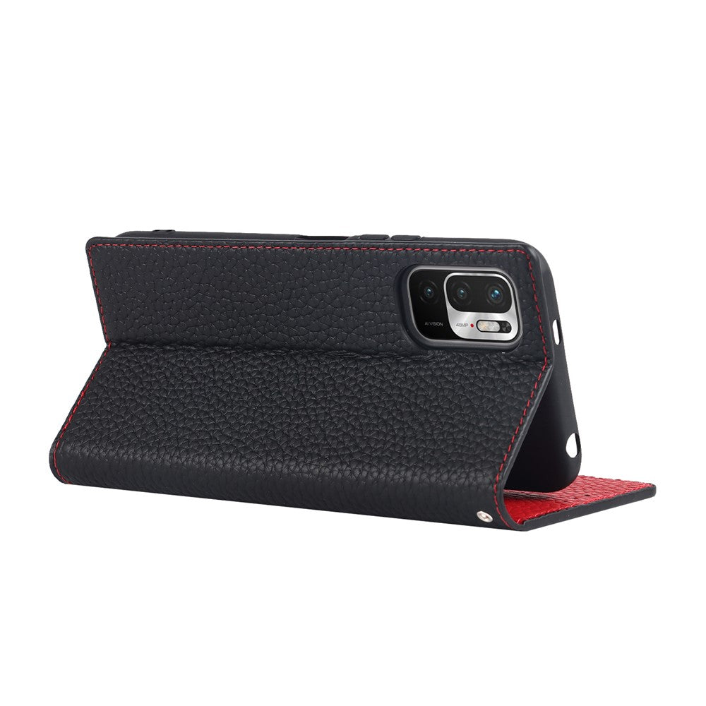 Litchi Skin Genuine Leather Phone Cover Anti-fall Stand Design Phone Case with Wrist Strap for Xiaomi Redmi Note 10 JE