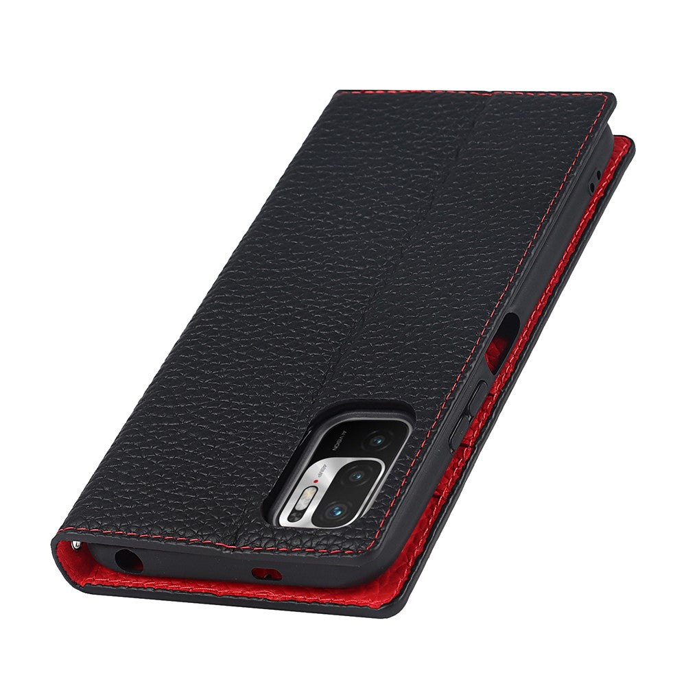 Litchi Skin Genuine Leather Phone Cover Anti-fall Stand Design Phone Case with Wrist Strap for Xiaomi Redmi Note 10 JE