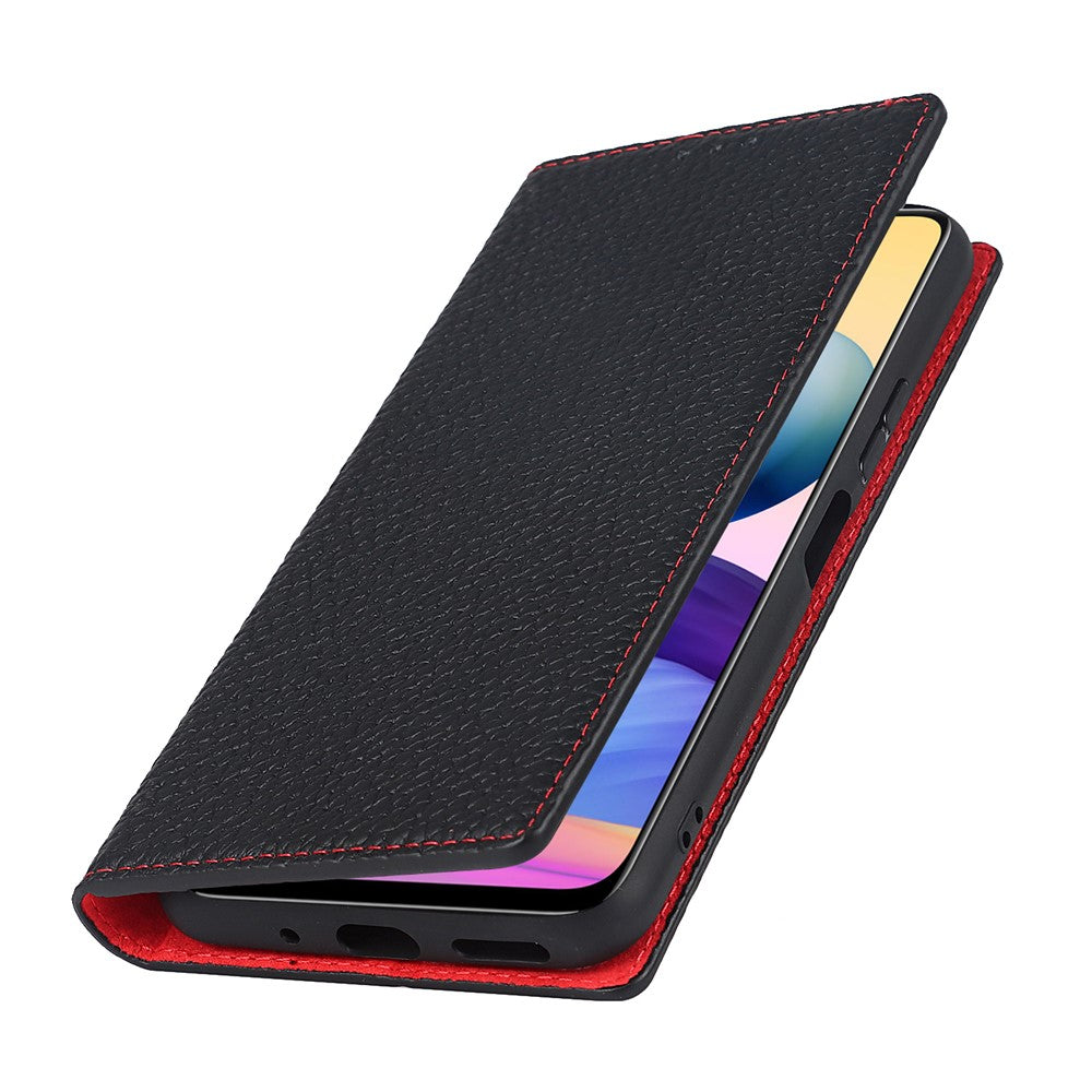 Litchi Skin Genuine Leather Phone Cover Anti-fall Stand Design Phone Case with Wrist Strap for Xiaomi Redmi Note 10 JE