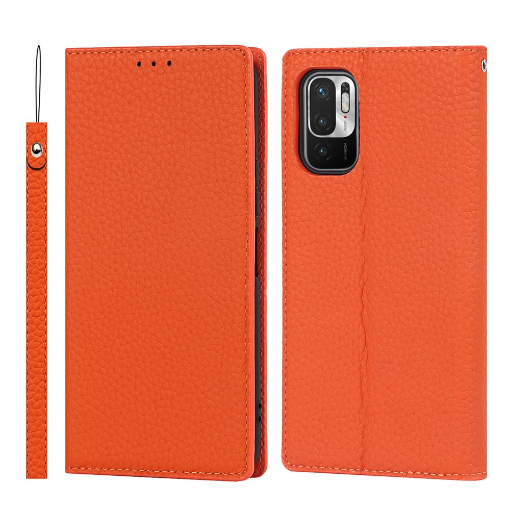 Litchi Skin Genuine Leather Phone Cover Anti-fall Stand Design Phone Case with Wrist Strap for Xiaomi Redmi Note 10 JE