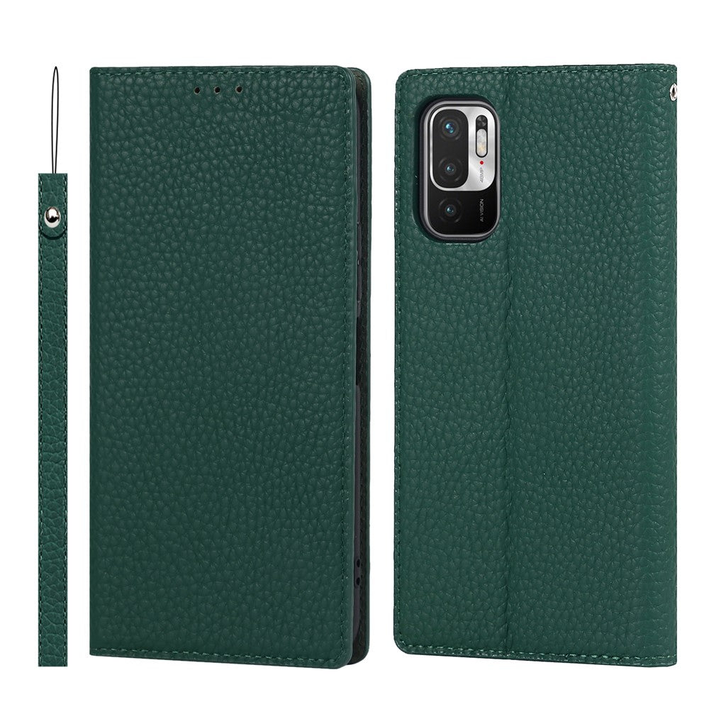 Litchi Skin Genuine Leather Phone Cover Anti-fall Stand Design Phone Case with Wrist Strap for Xiaomi Redmi Note 10 JE
