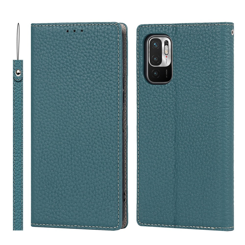 Litchi Skin Genuine Leather Phone Cover Anti-fall Stand Design Phone Case with Wrist Strap for Xiaomi Redmi Note 10 JE