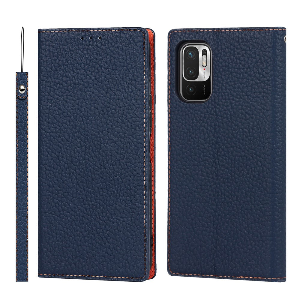 Litchi Skin Genuine Leather Phone Cover Anti-fall Stand Design Phone Case with Wrist Strap for Xiaomi Redmi Note 10 JE