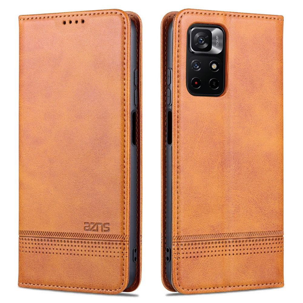 AZNS Auto-absorbed Wallet Design PU Leather Shockproof Phone Stand Cover Case for Xiaomi Redmi Note 11 5G (China) (MediaTek)/Poco M4 Pro 5G