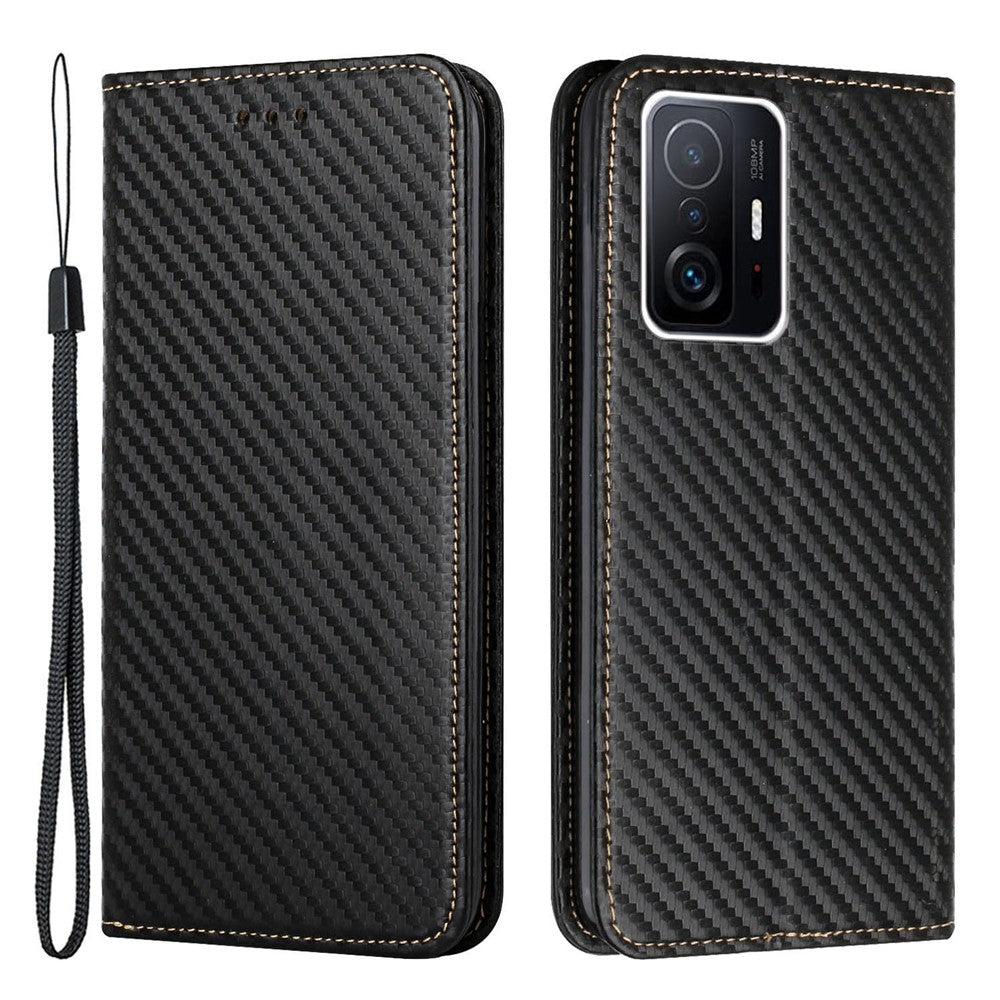 Lædercover med kulfiberstruktur, stativ, pung og magnetisk selvlukkende mobilcover til Xiaomi 11T/11T Pro