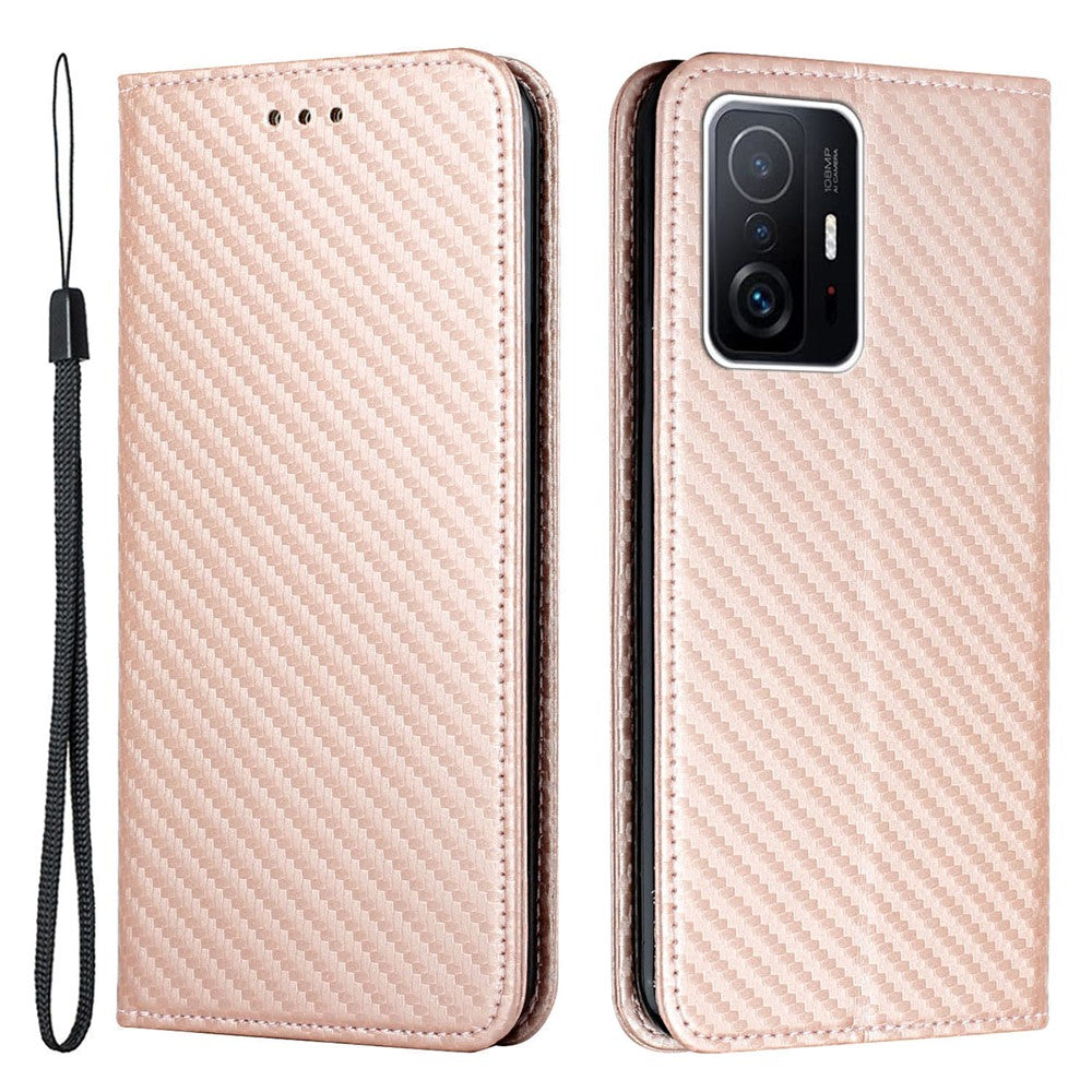 Lædercover med kulfiberstruktur, stativ, pung og magnetisk selvlukkende mobilcover til Xiaomi 11T/11T Pro