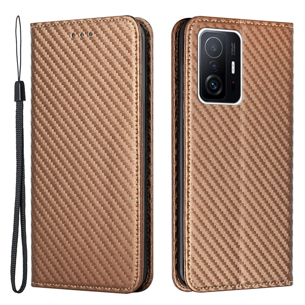Lædercover med kulfiberstruktur, stativ, pung og magnetisk selvlukkende mobilcover til Xiaomi 11T/11T Pro