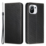Flip Magnetic Auto-absorbed Carbon Fiber Texture Anti-fall Stand Wallet PU Leather Case Cover with Hand Strap for Xiaomi Mi 11